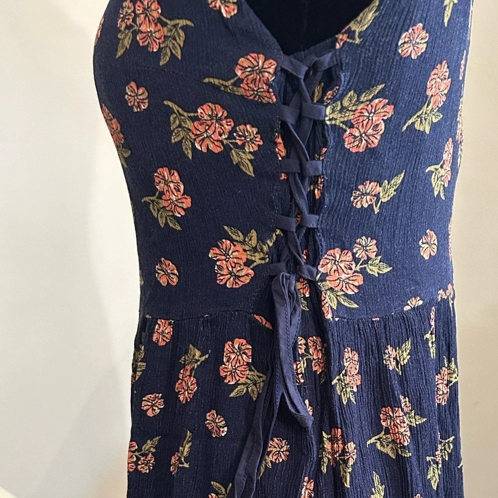 Esley‎ Dress Blue Pink Floral Lace Up Sides Size L Coquette Western Boho